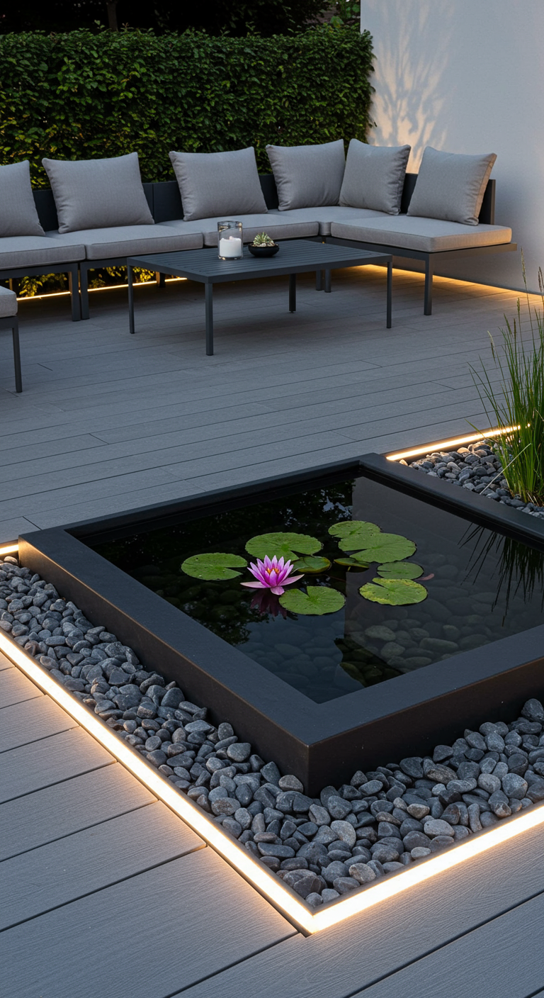 Moderne vierkante minivijver met waterlelie en LED-verlichting in een strak terras.