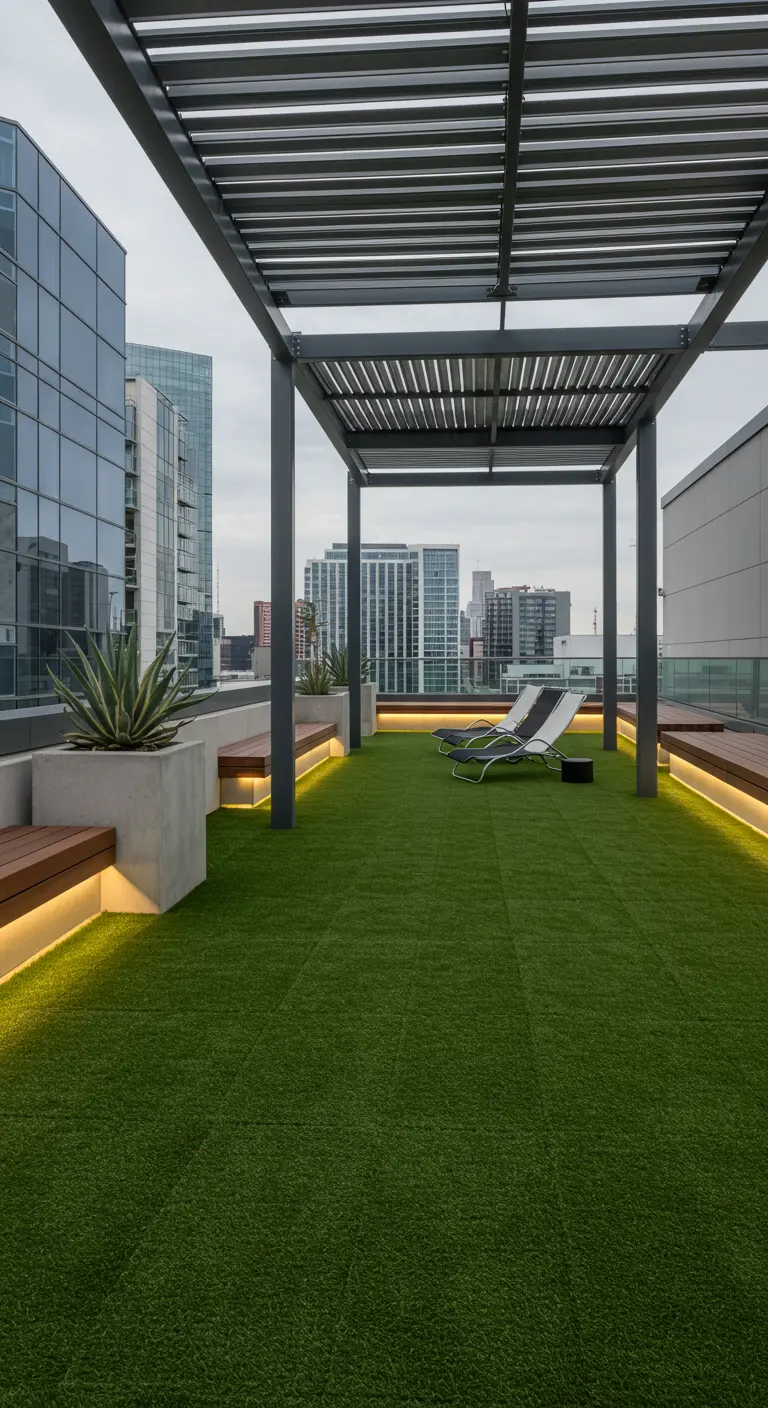 Moderne daktuin met metalen pergola, kunstgras, ingebouwde zitbanken en stadsuitzicht.