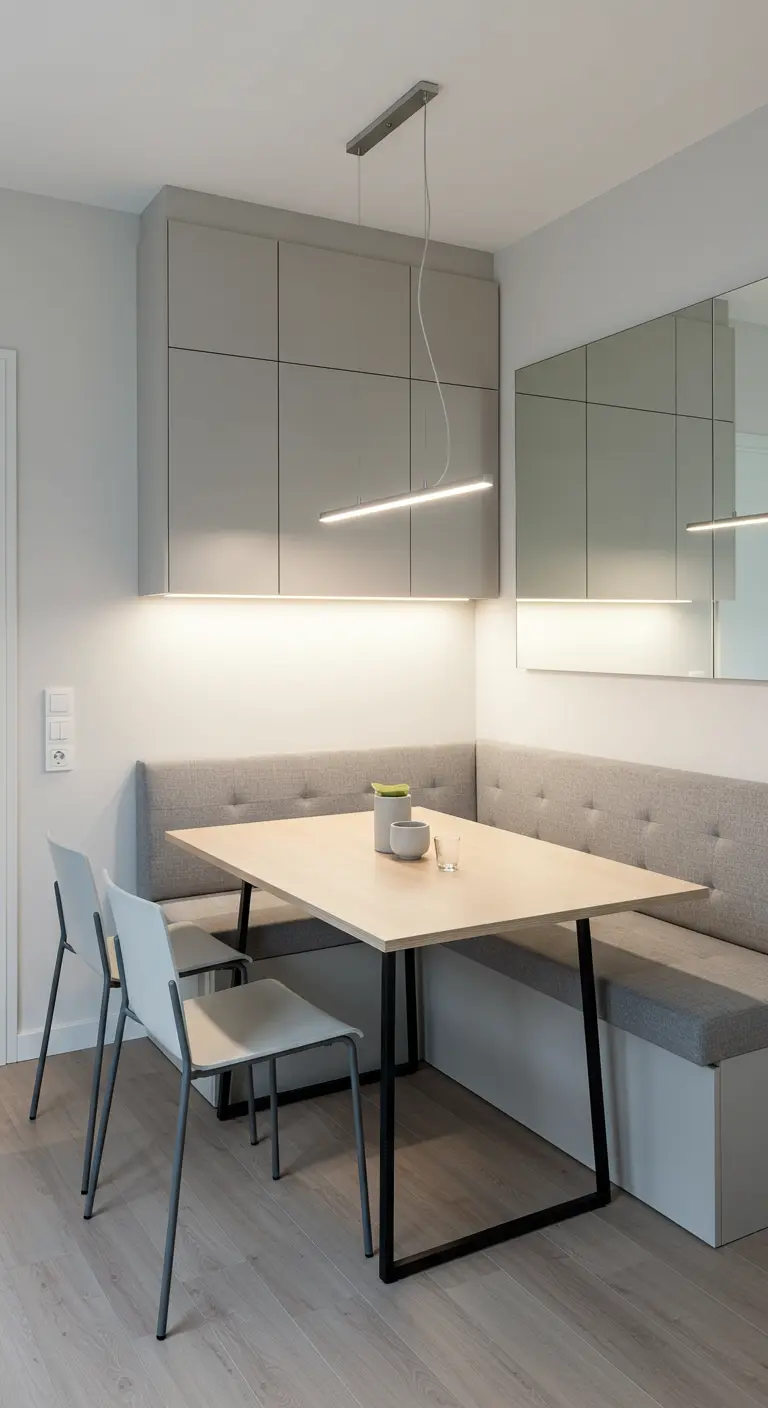 Moderne compacte eethoek met grijze L-vormige bank, houten tafel, lineaire hanglamp en spiegelwand.