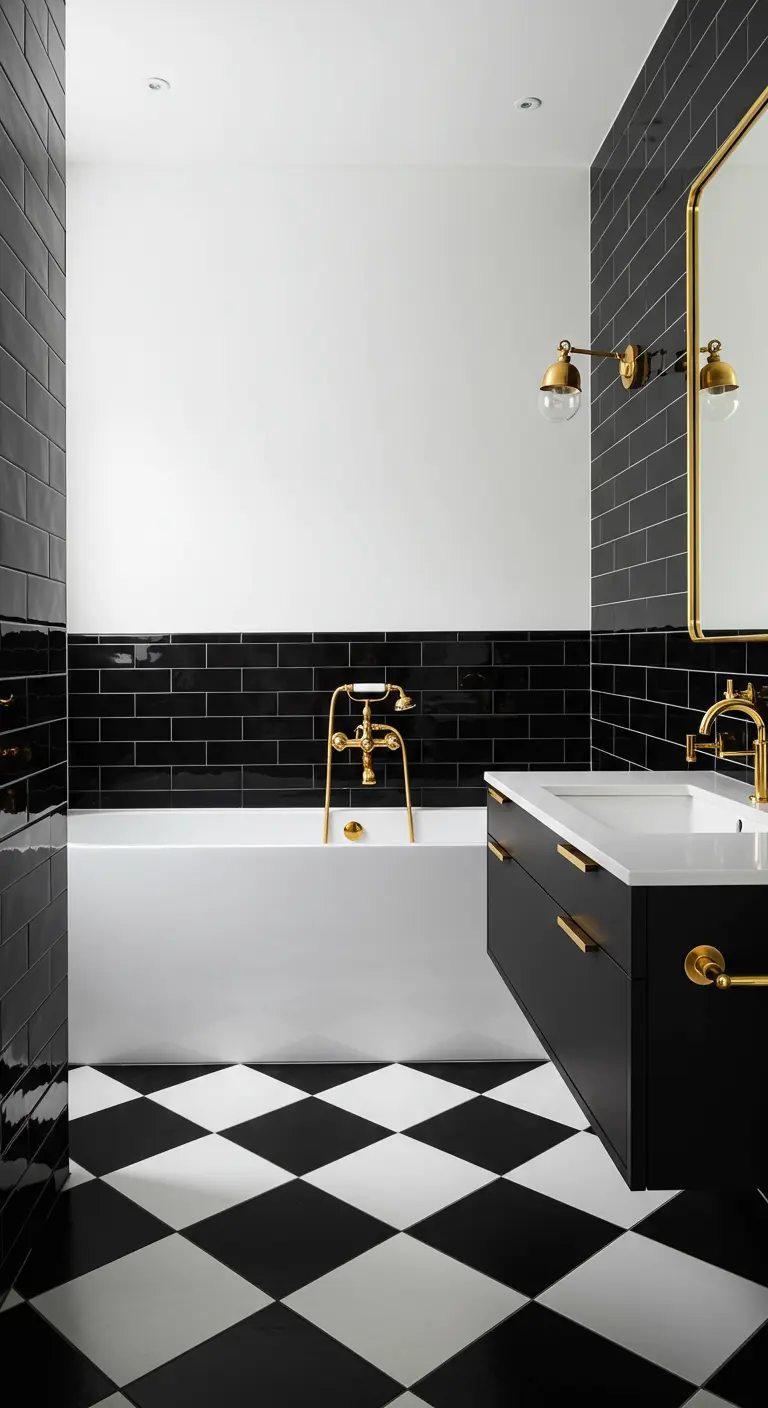 Zwart-witte badkamer met patroontegels, gouden kranen en spiegel.
