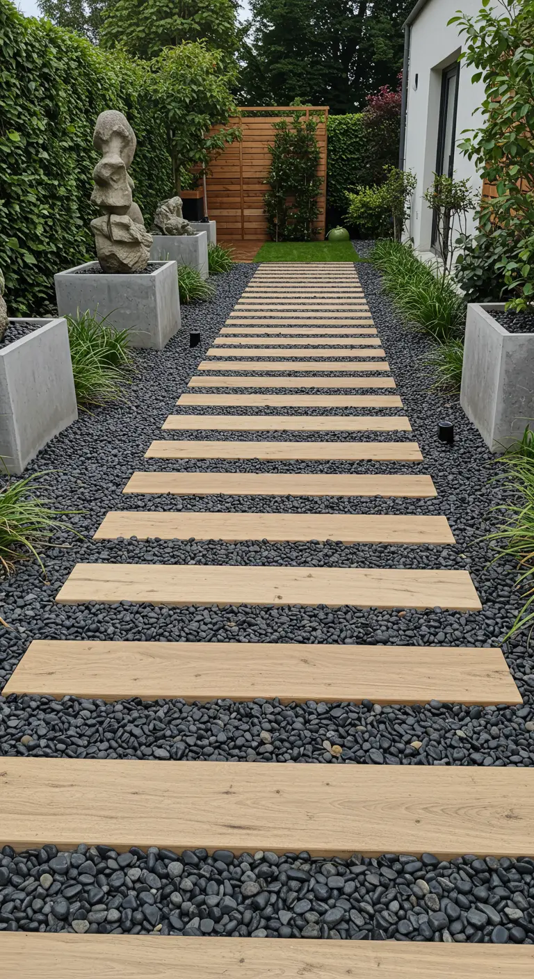 Modern tuinpad met houten planken, zwarte kiezelstenen en betonnen plantenbakken.