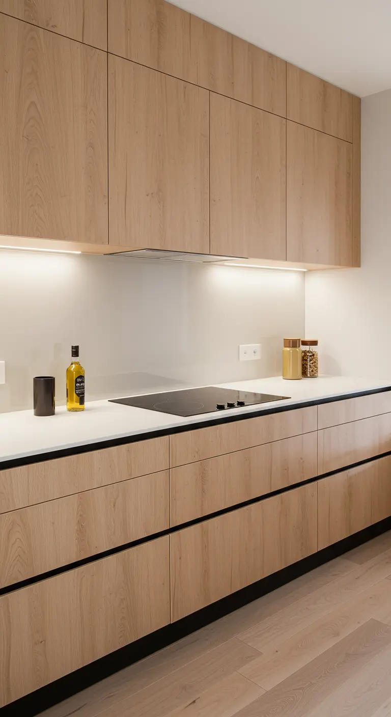 Moderne, greeploze licht houten keuken met zwarte greeplijsten.
