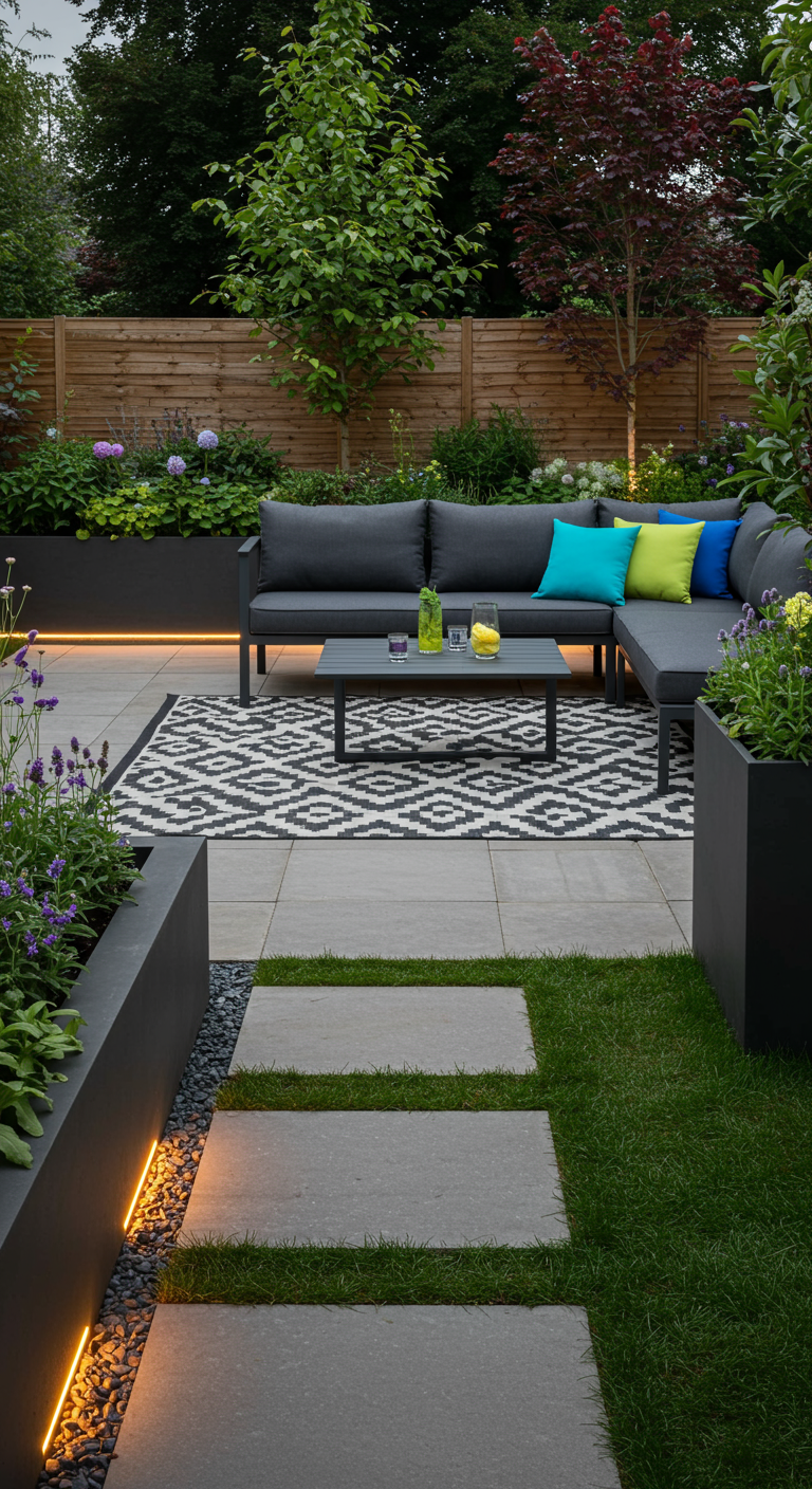 Moderne tuin met loungebank, grafisch tapijt en LED-verlichting langs border.