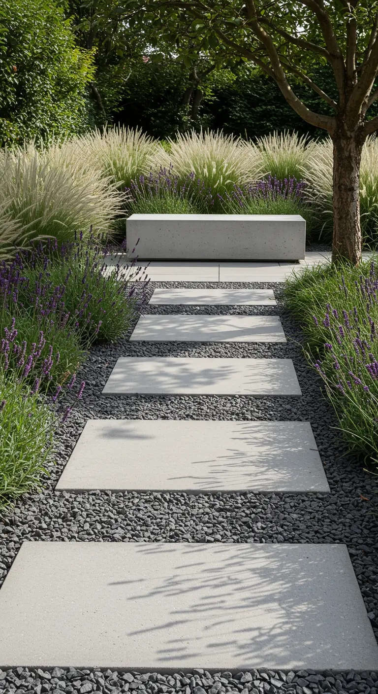 Modern tuinpad met grote betonnen staptegels in grind, omzoomd door lavendel en grassen.