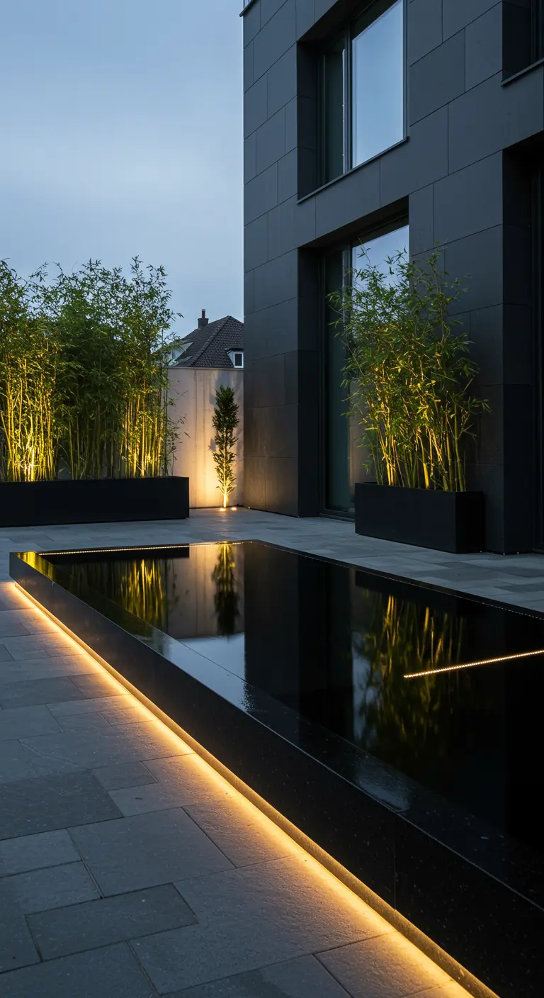 Moderne donkere waterpartij met bamboe en sfeervolle verlichting bij strak gebouw.