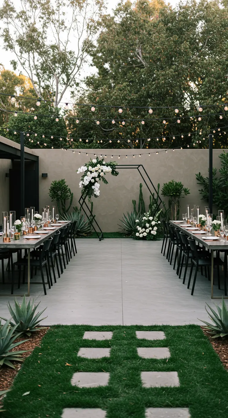 Moderne tuin bruiloft met zwarte tafels, geometrische boog en lichtslingers.
