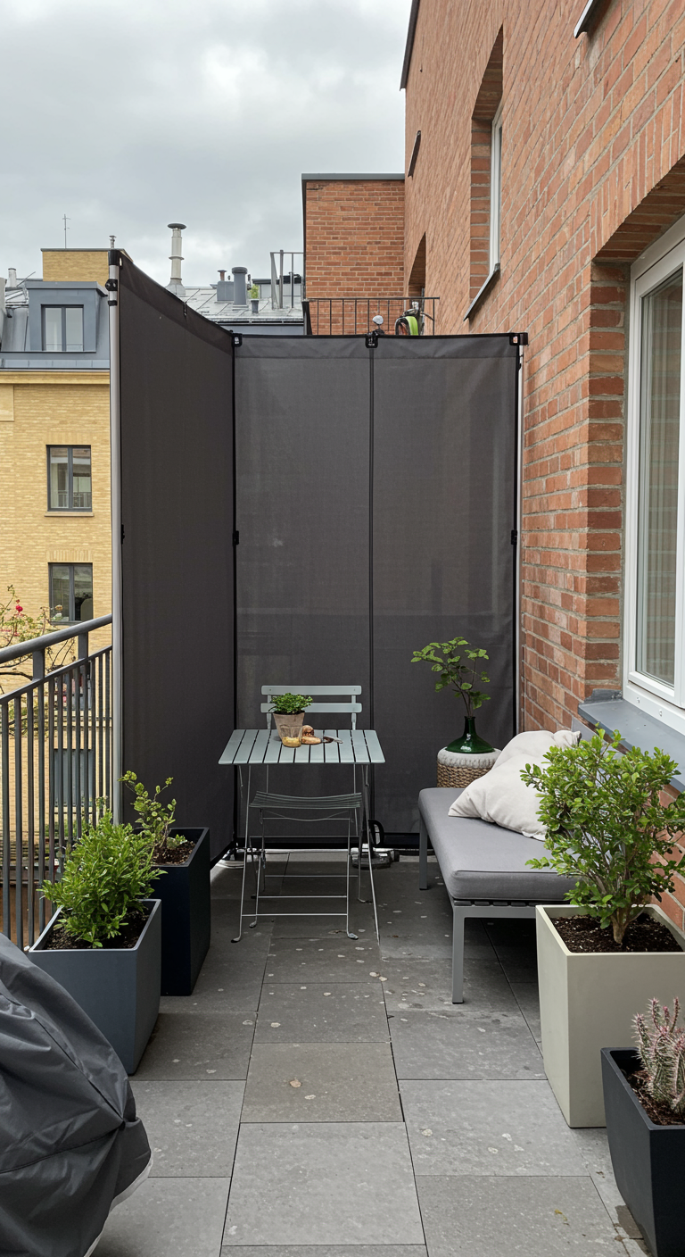 Modern balkon met een donkergrijs uitschuifbaar privacyscherm naast een loungebankje.