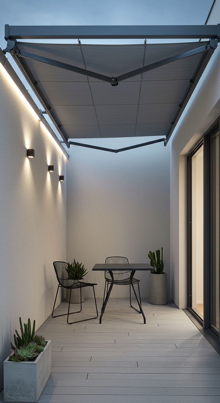 Modern balkon met grijs uitschuifbaar zonnescherm en zwarte design meubels.