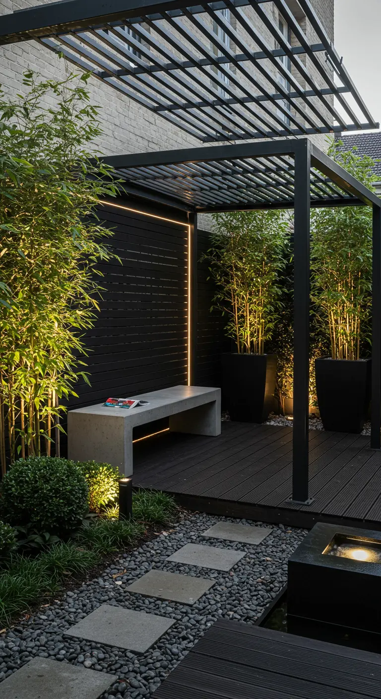 Moderne zwarte metalen pergola met betonnen bank, bamboeplanten en ingebouwde LED-verlichting in een minimalistische tuin.
