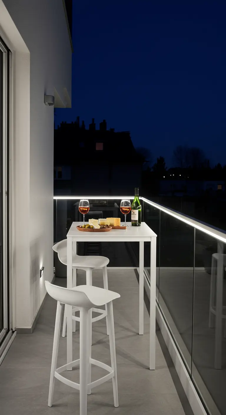 Modern smal balkon met bartafel, witte krukken en LED-strip verlichting 's avonds.
