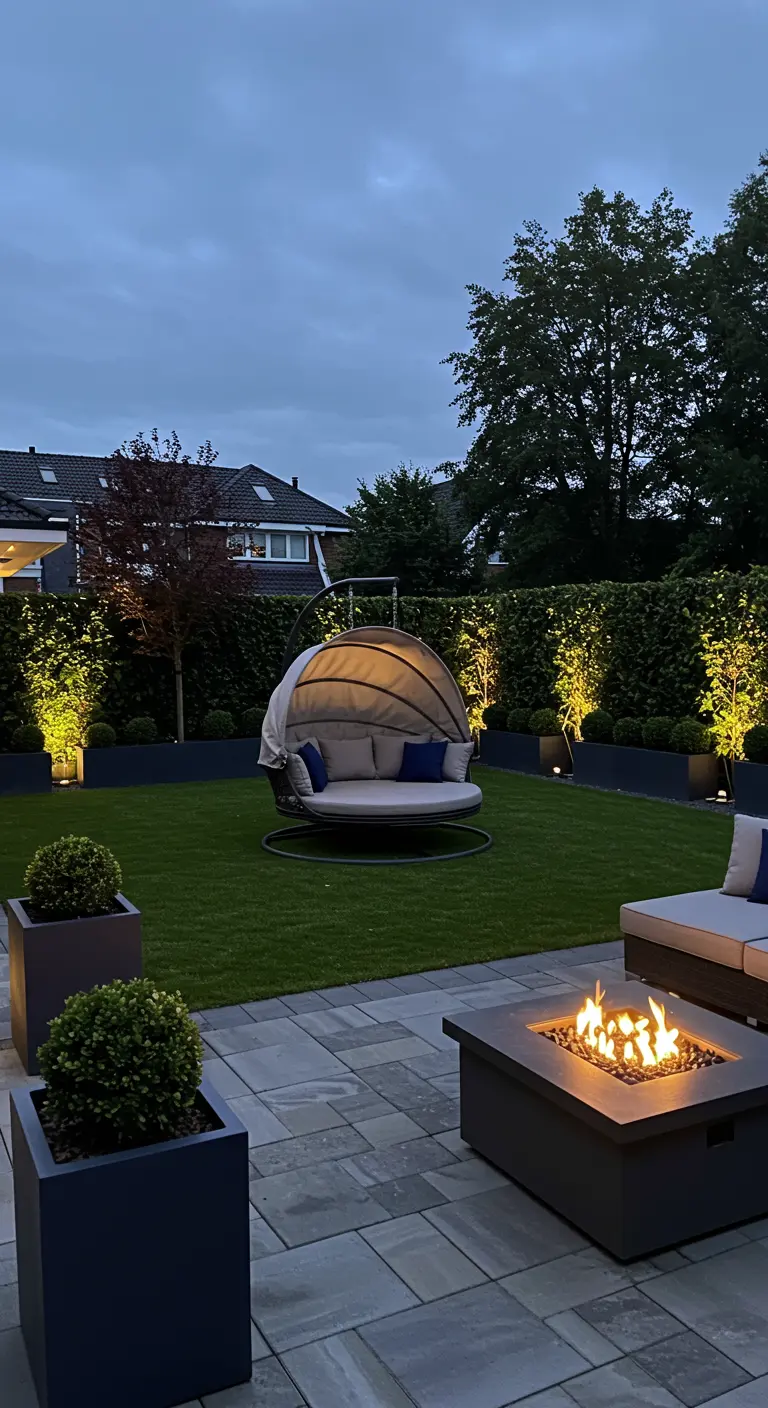 Moderne tuin met groot rond hangend daybed, gashaard, strak gazon en up-lights.