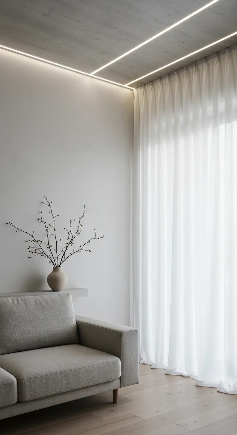 Minimalistische woonkamer met witte muren, strakke, plafondhoge gordijnen en subtiele inbouwverlichting.