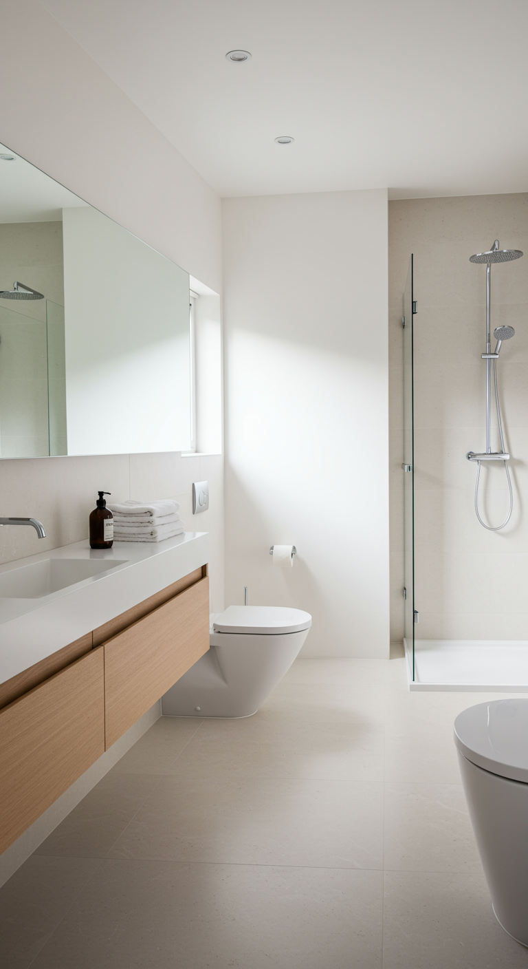 Lichte, minimalistische badkamer met zwevend houten meubel en grote spiegel.