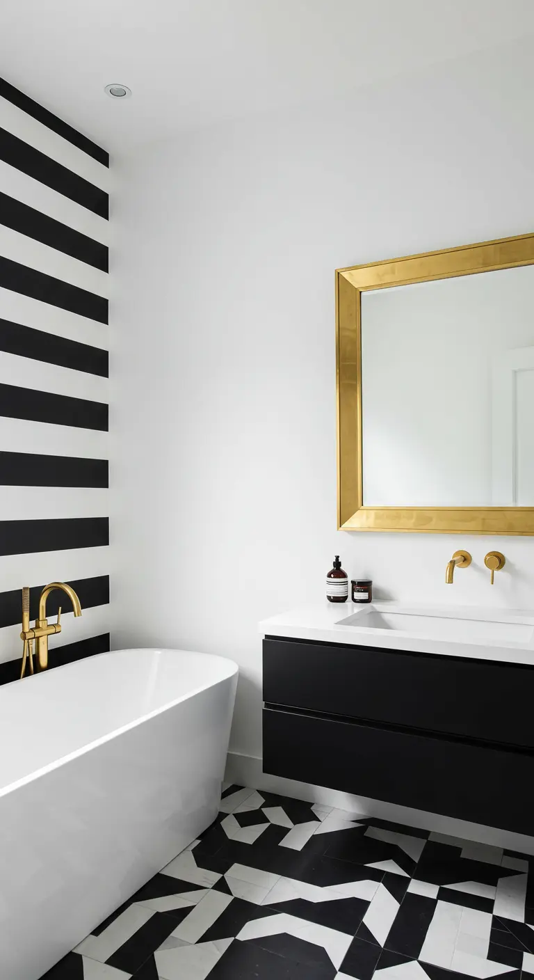 Badkamer met zwart-witte gestreepte muur, gouden spiegel en kranen.