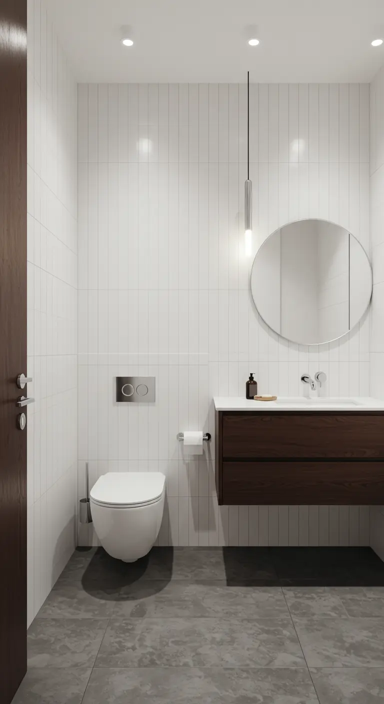 Witte badkamer met verticale tegels, houten badmeubel en ronde spiegel.