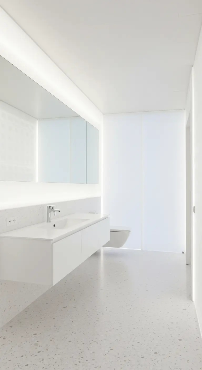 Heldere witte badkamer met terrazzo vloer, zwevend meubel en backlit spiegel.