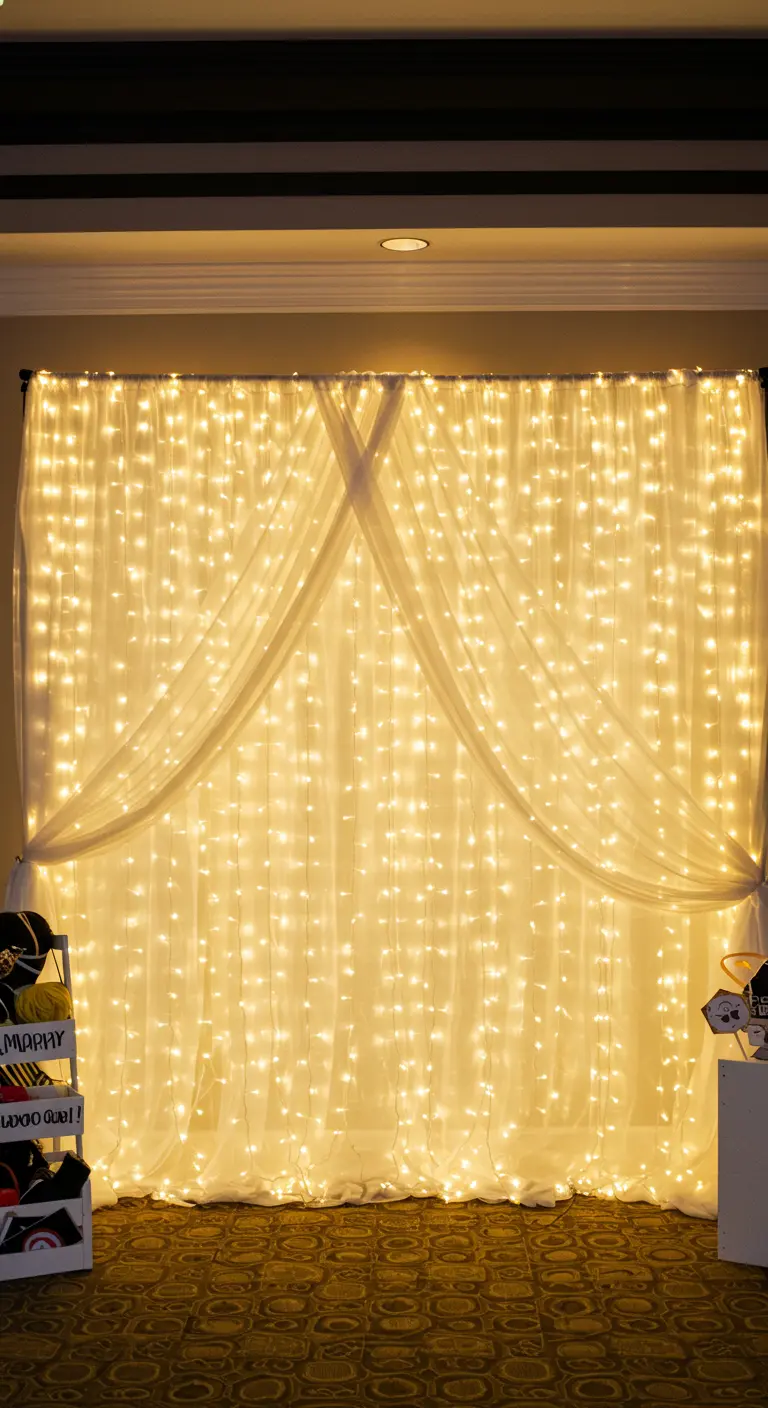 Gordijn van warmwitte lichtslingers achter voile stof als feestelijke backdrop.
