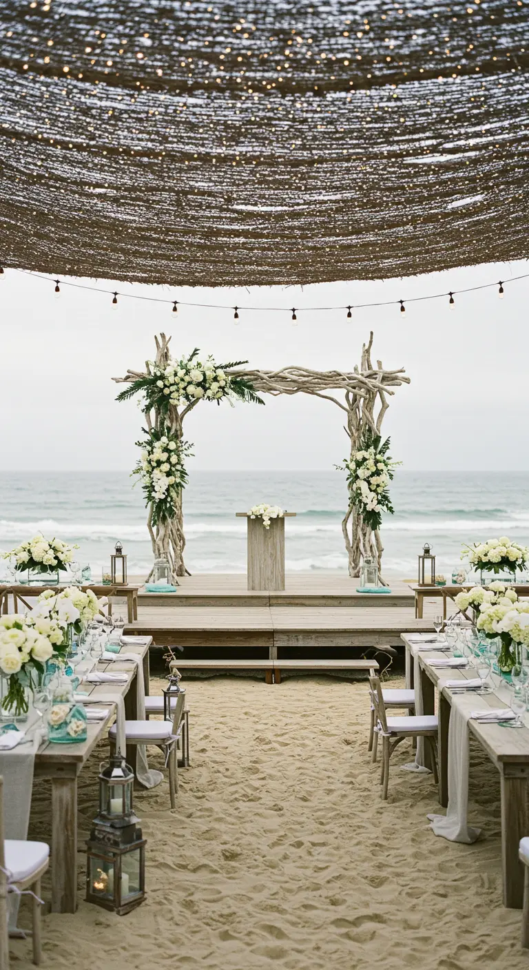 Strandbruiloft met drijfhouten boog, witte bloemen en gedekte tafels op het zand.