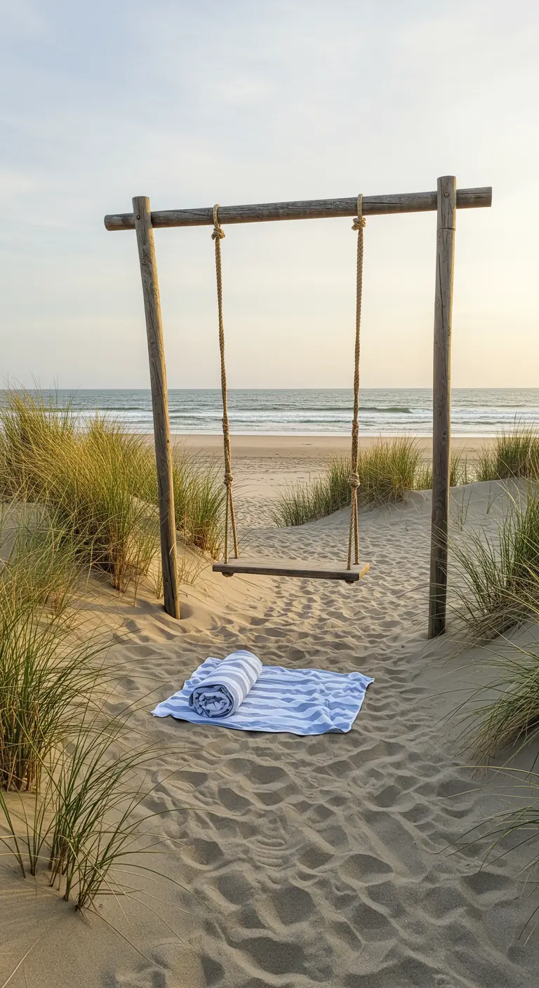 Houten schommel op het strand met uitzicht op zee en een handdoek.