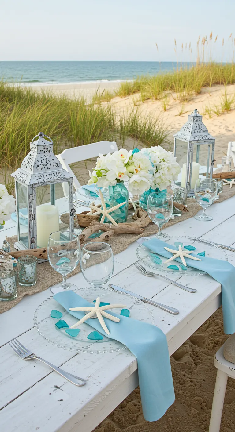 Strandthema tafelsetting met witte tafel, jute, zeeglas, zeesterren en lantaarns.