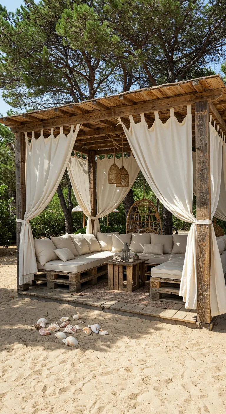 Houten strandcabana met palletmeubels en witte gordijnen, op het zand met schelpen.