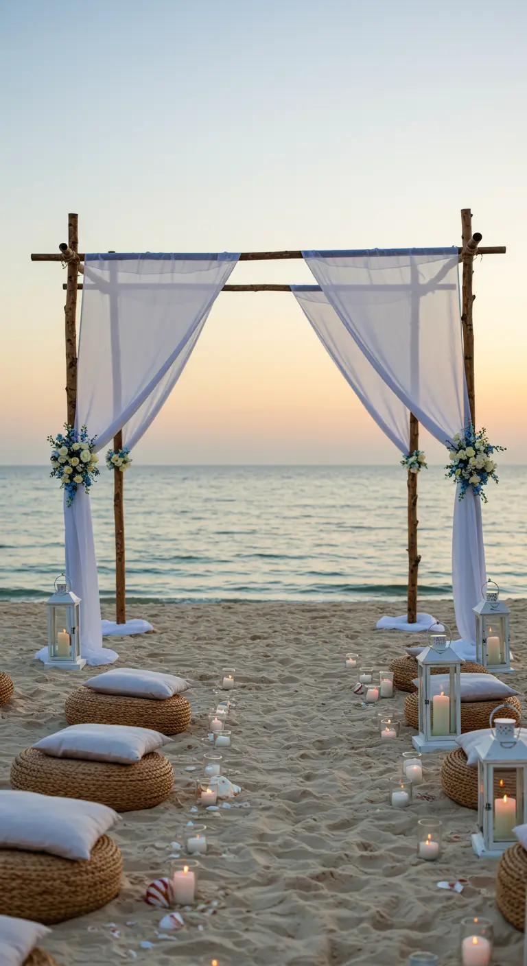 Eenvoudige houten ceremonieboog met witte doeken en bloemen op het strand bij zonsondergang.