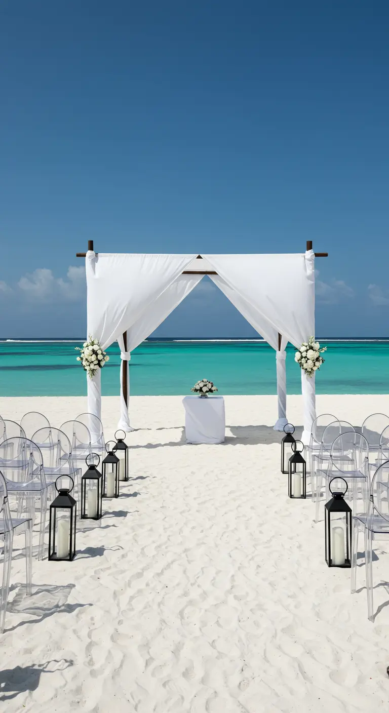 Minimalistische zwart-wit strandceremonie met witte doeken, lantaarns en uitzicht op zee.