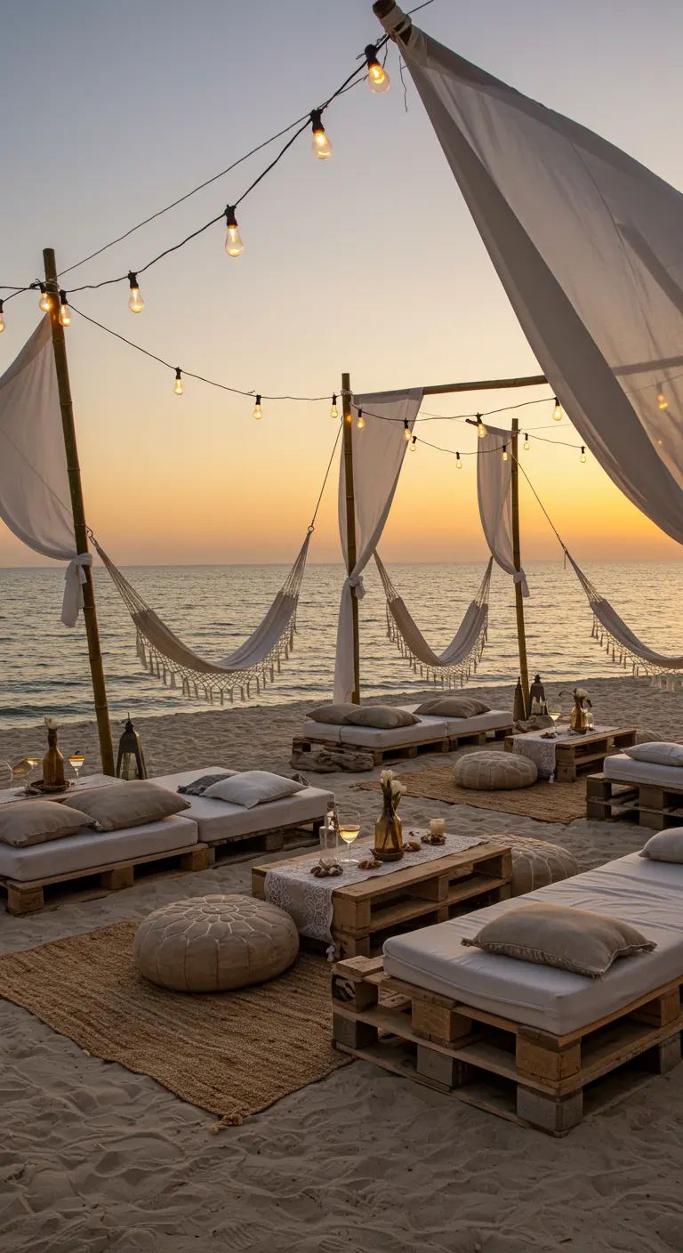 Strandlounge met palletmeubels, witte stoffen, hangmatten, lichtslingers en uitzicht op zee.
