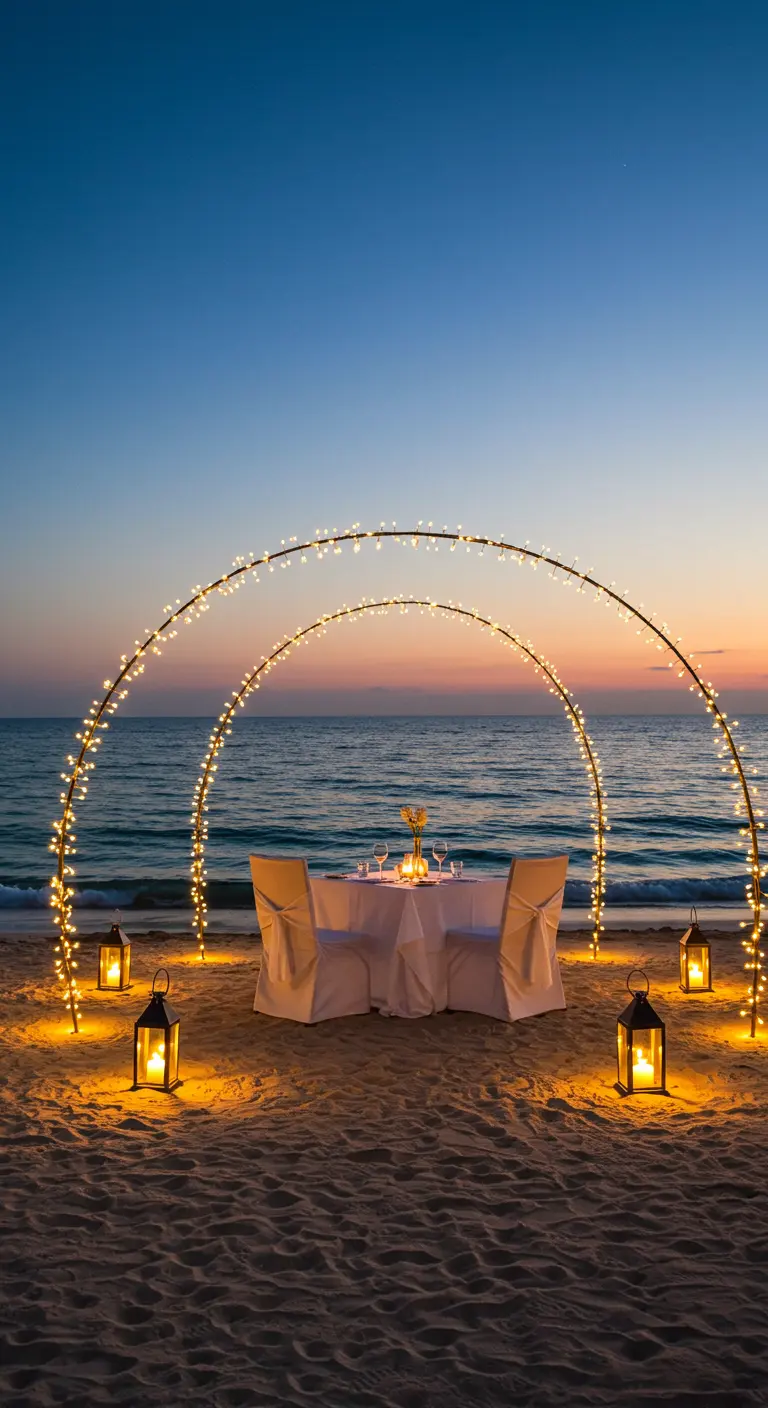 Intiem diner voor twee op het strand onder bogen van lichtslingers.