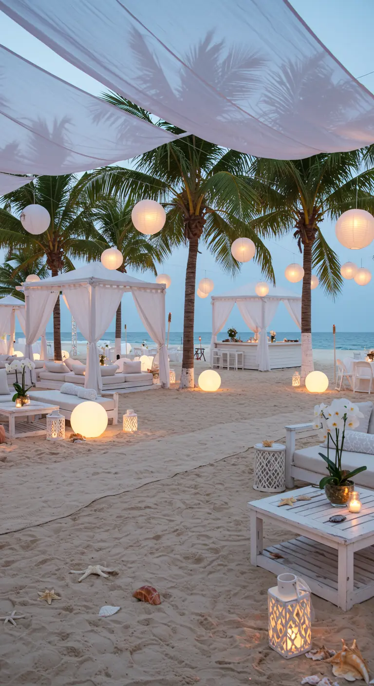 Strandfeest met witte doeken, lampionnen, lichtbollen en palmbomen.