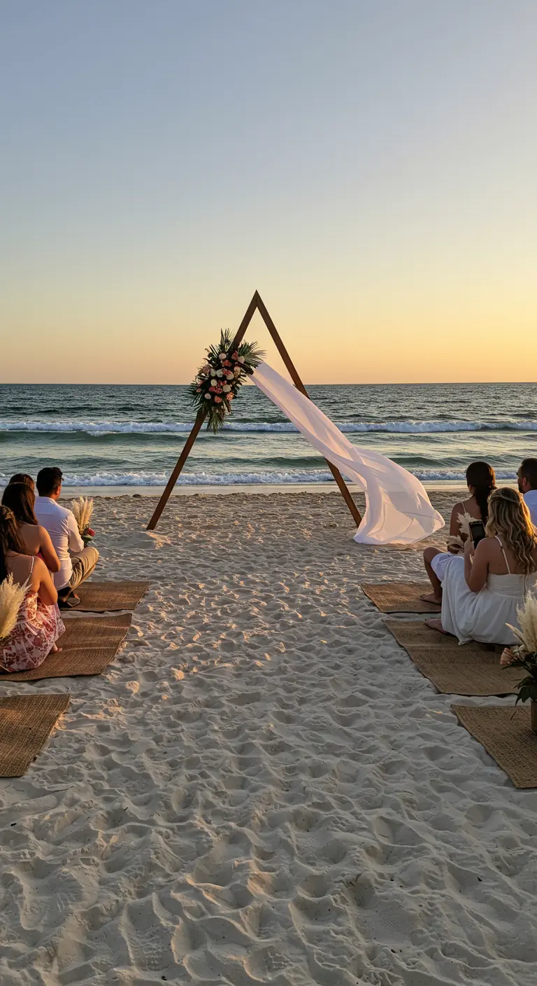 Minimalistische strandceremonie met driehoekige houten boog, witte voile en ondergaande zon.