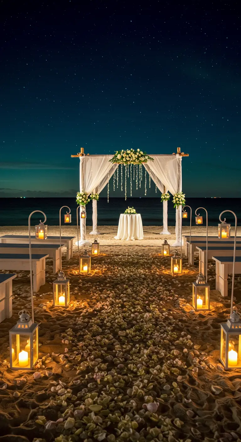 Strandceremonie 's nachts met witte draperieën, hangende kristallen en lantaarns.