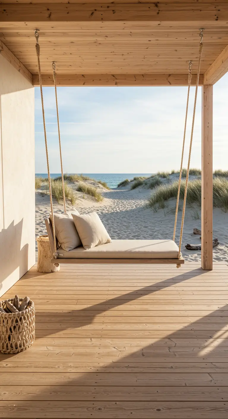 Eenvoudige houten schommelbank met kussens op een houten terras met uitzicht op een zandstrand.