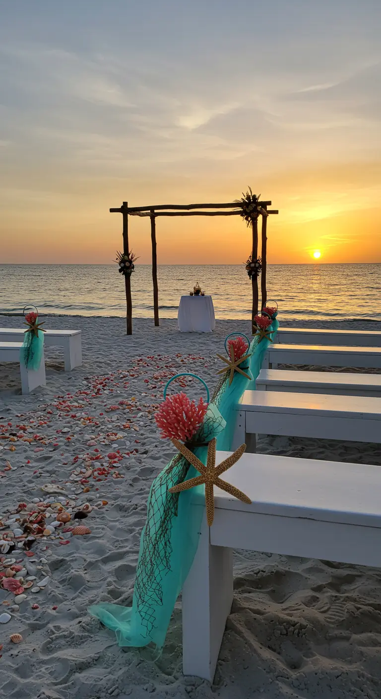 Witte banken op het strand versierd met turquoise stof, zeesterren en koraalachtige bloemen.