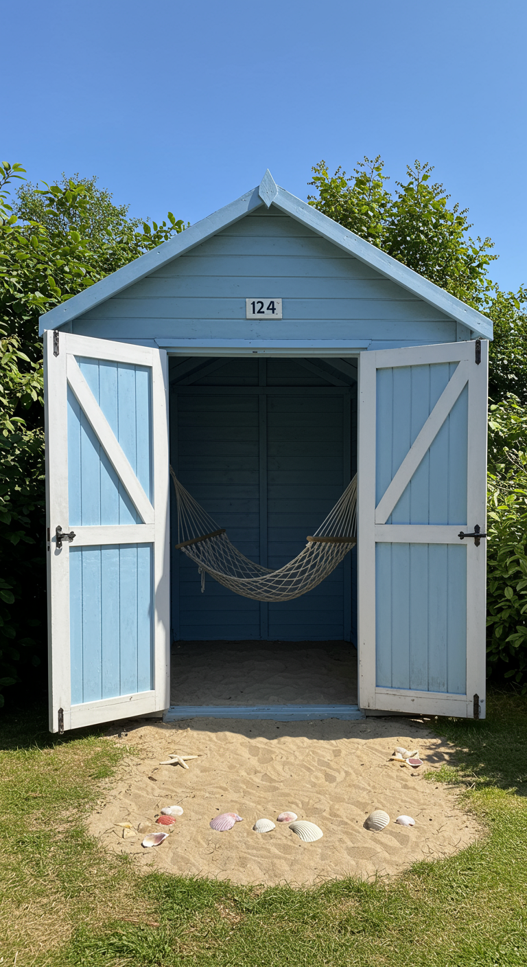 Lichtblauw strandhuisje met open deuren, hangmat binnen, zand en schelpen.