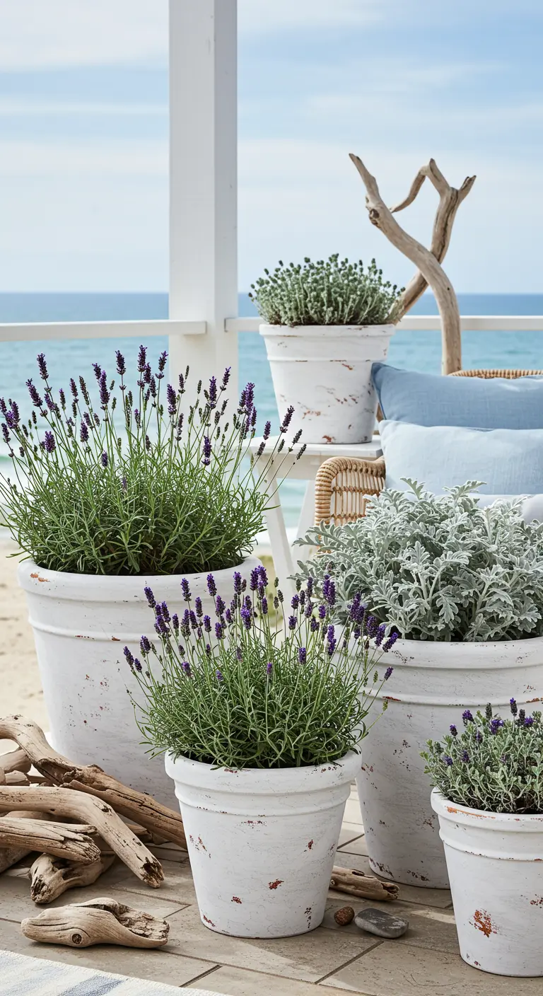 Lavendel en grijsbladige planten in verweerde witte terracotta potten met strandhout op een veranda.