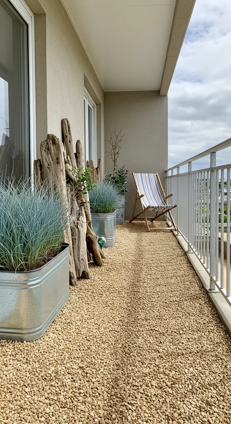 Balkon met licht grind, zinken plantenbakken met siergras, drijfhoutdecoratie en een strandstoel.