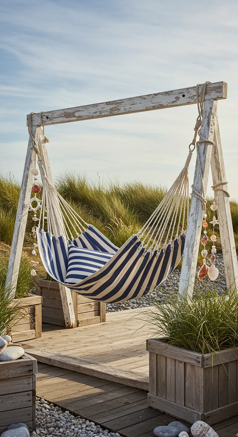 Wit houten frame met gestreepte hangmatschommel, schelpen en duingras voor een strandthema.