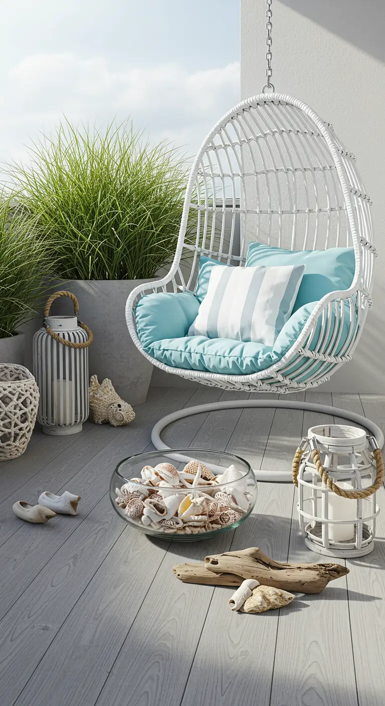 Witte rotan hangstoel op standaard met maritieme decoratie zoals schelpen en lantaarns.