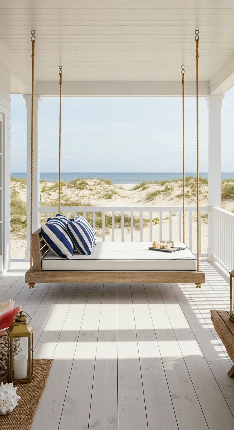 Houten schommelbed met witte en blauw-gestreepte kussens op witte veranda met strandzicht.