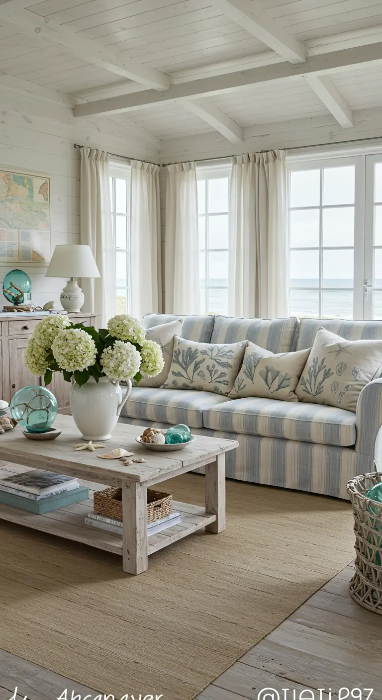 Lichte strandhuis woonkamer met gestreepte bank, witte bloemen en zeedecoratie.