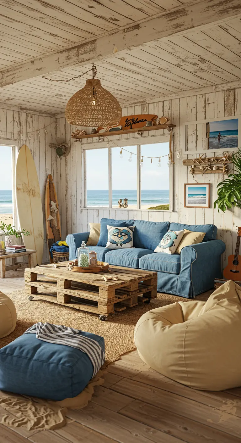 Relaxte strandhuis woonkamer met blauwe bank, pallettafel, surfplank en rotan lamp.