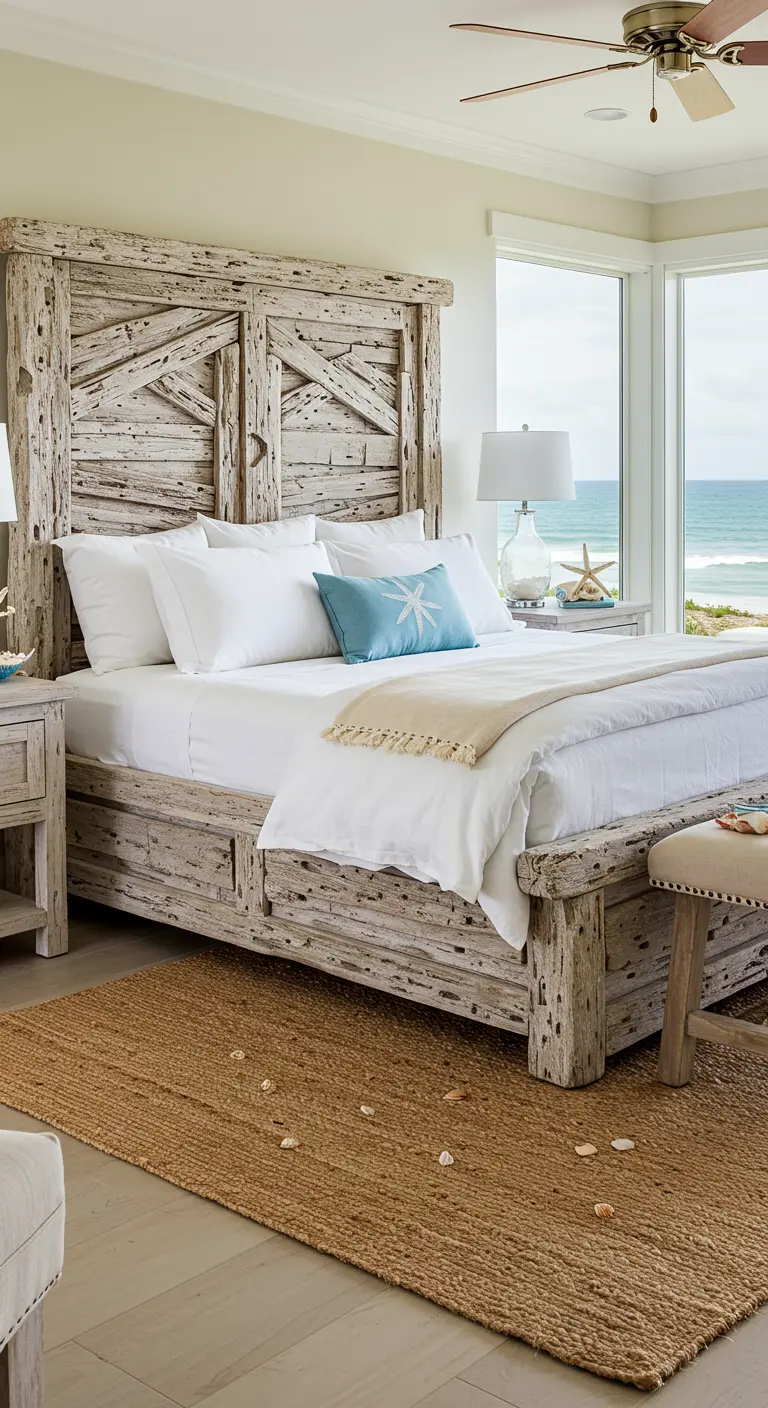 Rustiek wit houten bedframe met verweerde look in coastal stijl slaapkamer.