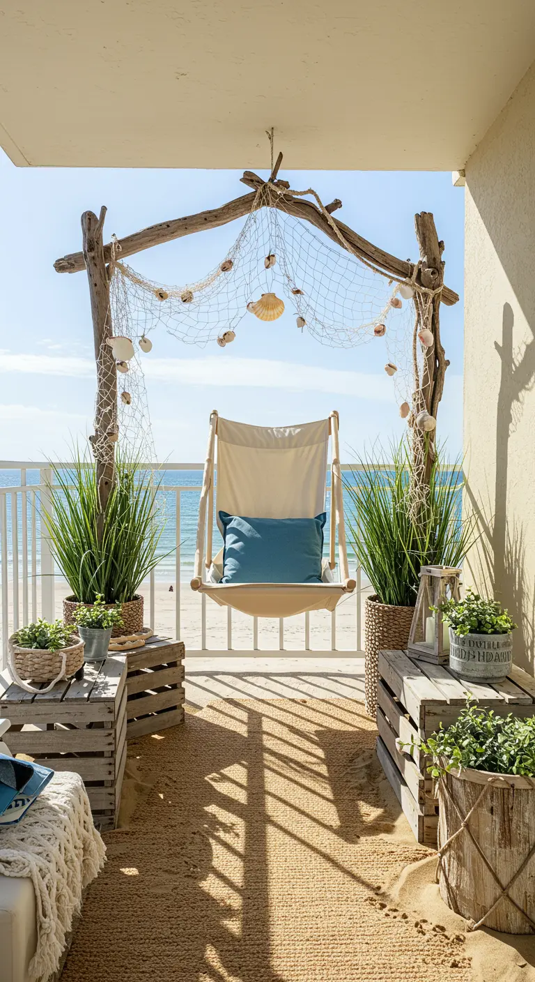 Canvas hangstoel onder een drijfhouten boog op een balkon met strandthema.