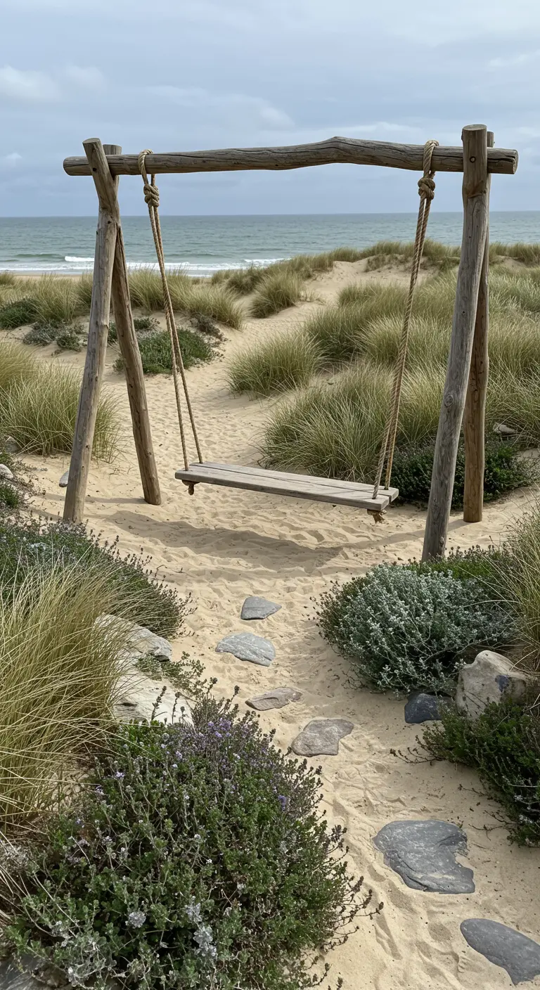 Robuuste houten schommel van boomstammen in een duinlandschap met zand en grassen.
