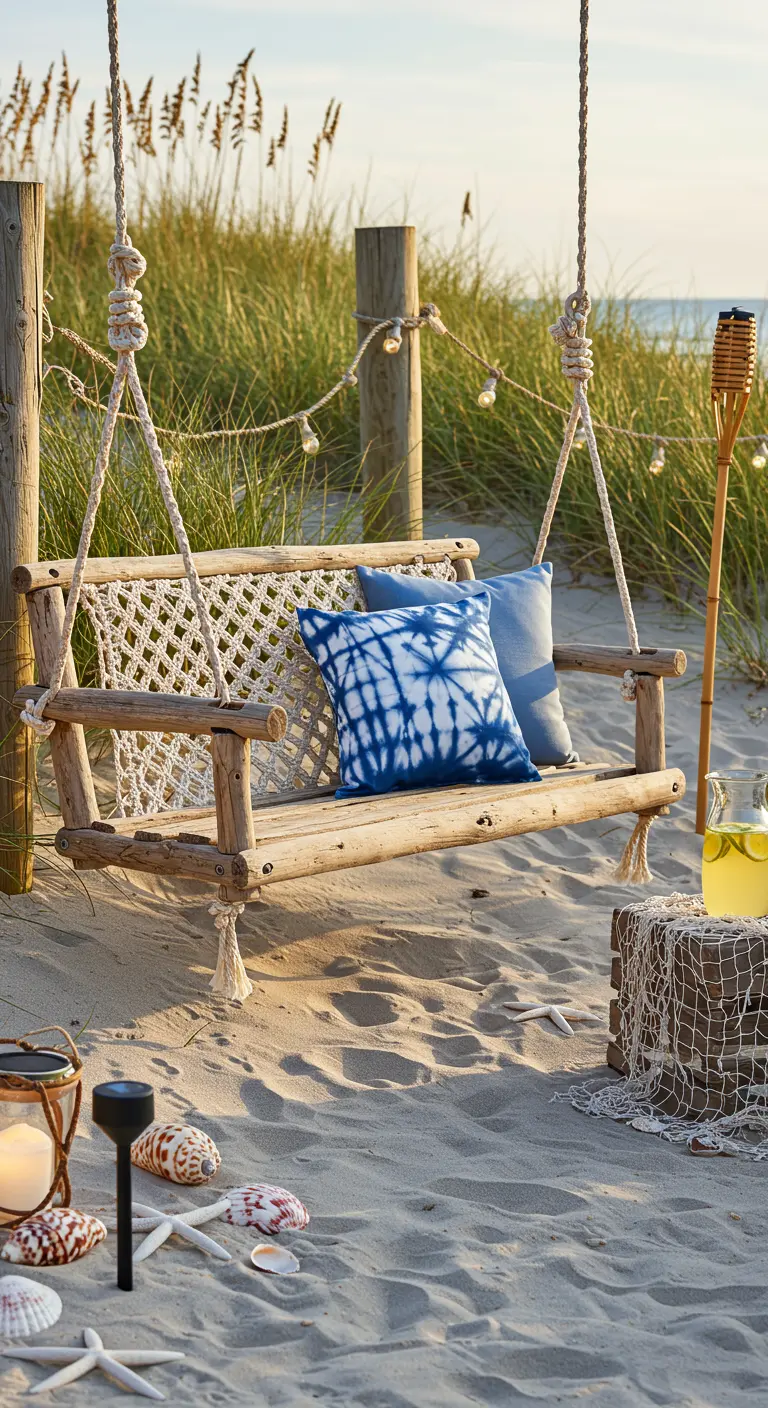 Houten schommelbank op het strand met tie-dye kussens en maritieme decoratie.