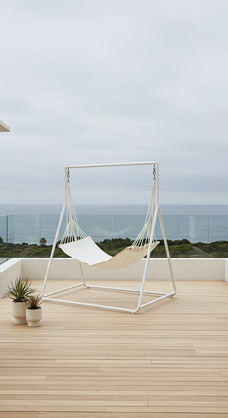 Wit metalen schommelframe met twee hangmatten op een houten terras met oceaanuitzicht.