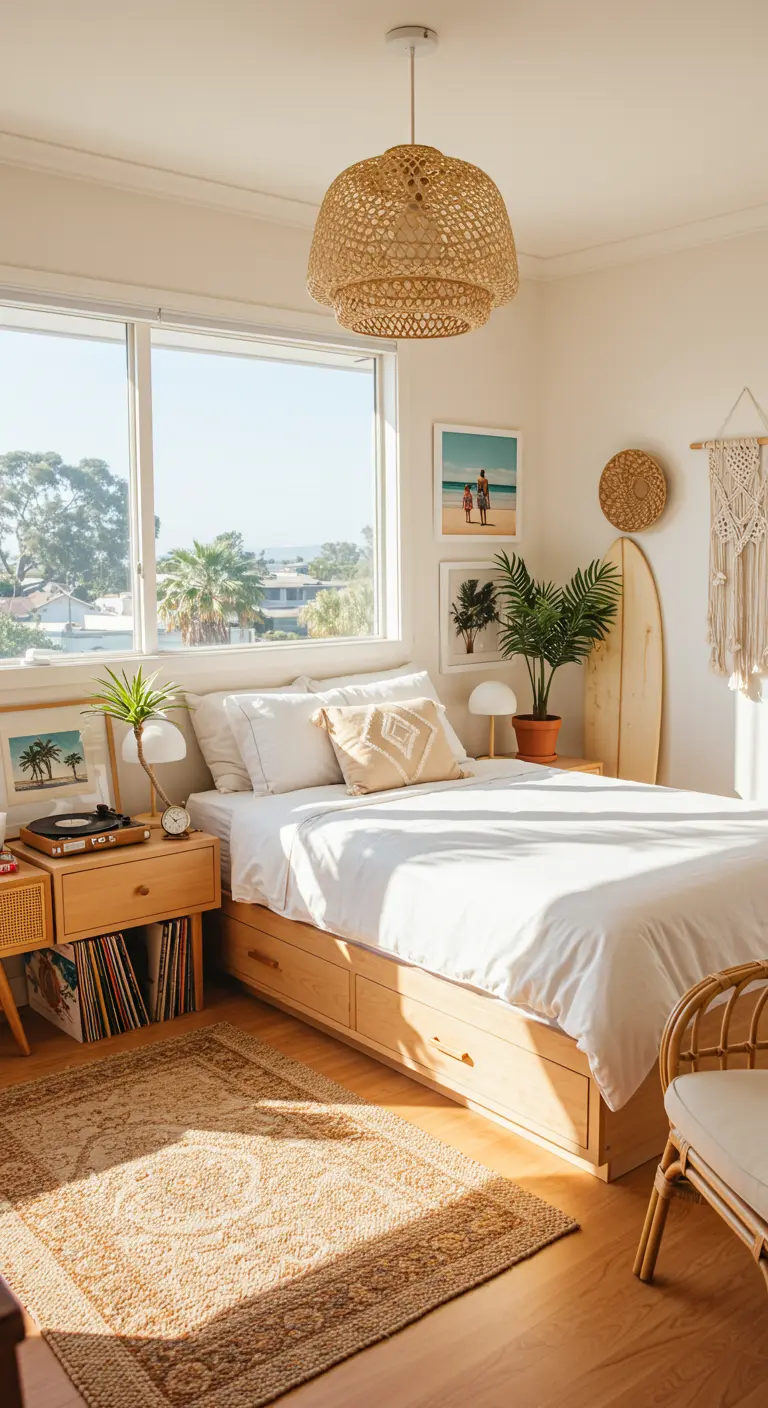 Lichte slaapkamer met strandthema, houten bed, rotan lamp en surfplank decoratie.