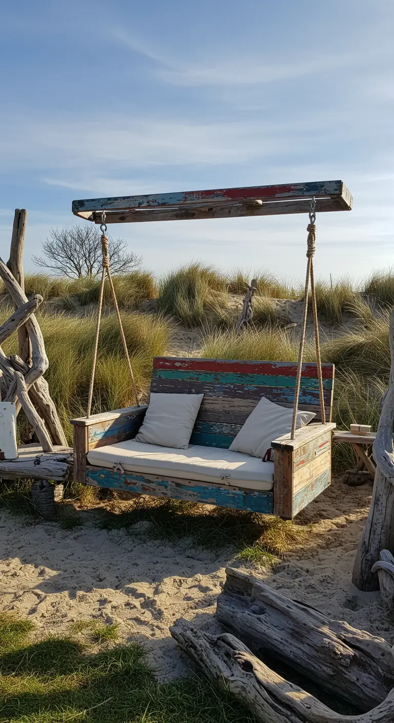 Schommelbank van verweerd, gekleurd hout met een afdakje op een zandige ondergrond.