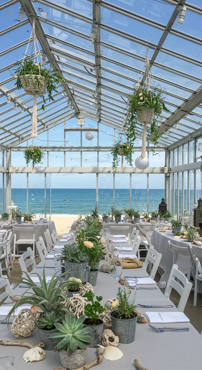 Lange tafel in een kas aan het strand, gedecoreerd met vetplanten, schelpen en drijfhout.